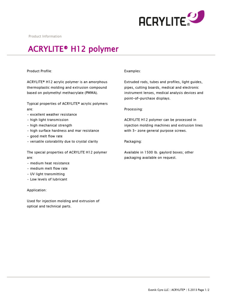 Acrylite H12 US | PDF | Poly(Methyl Methacrylate) | Extrusion