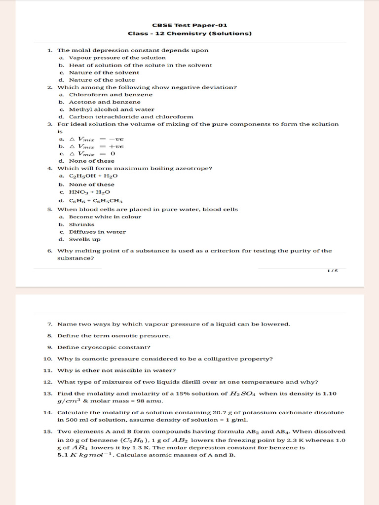Worksheet For Chapter - 1 Solution Chemistry | PDF