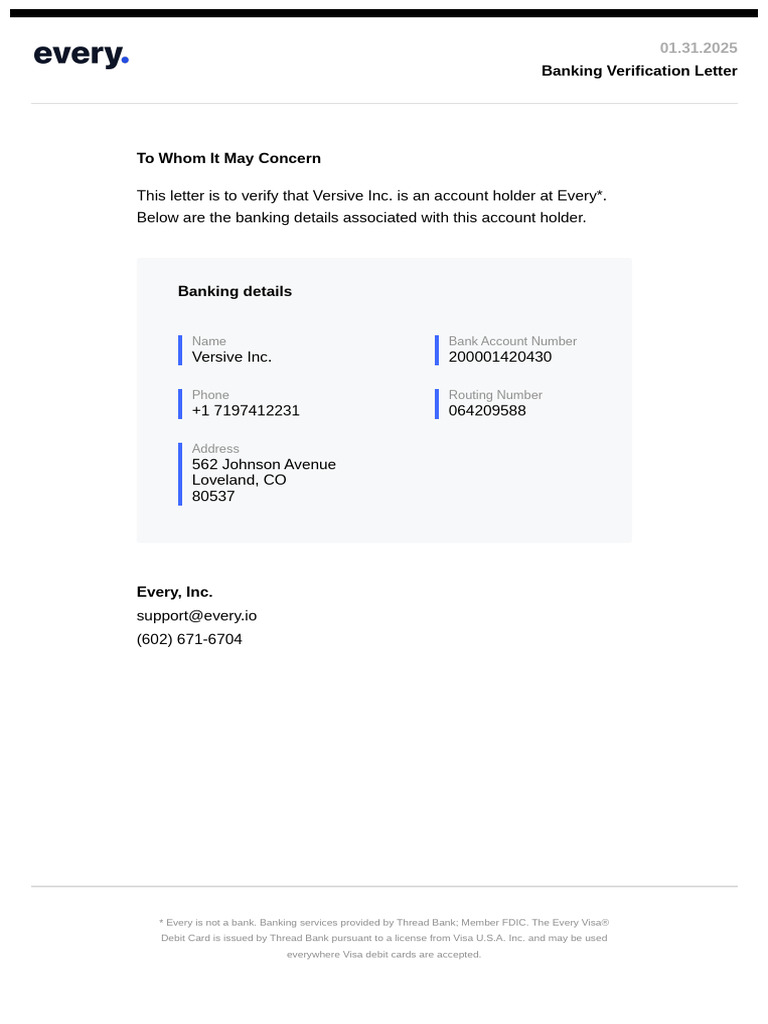 Bank Letter Versive Inc | PDF