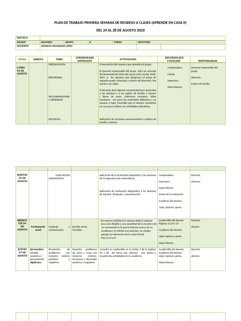 Plan Se Accion Primera Semana Regreso A Clases Segundo Grado | PDF ...