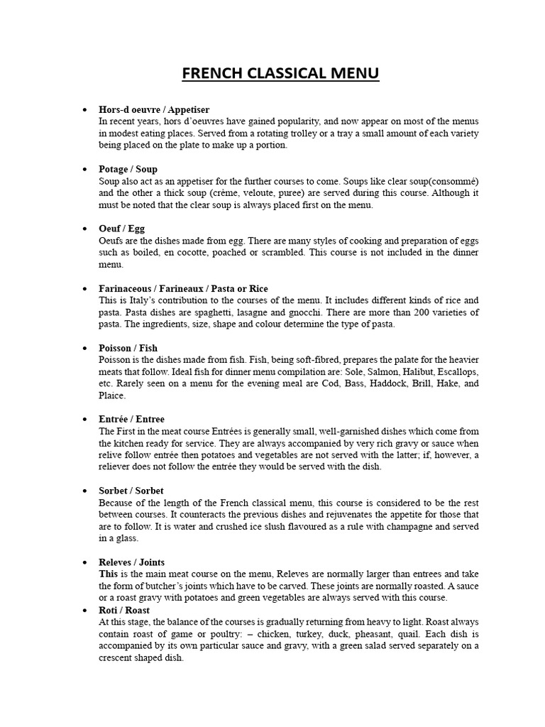 French Classical Menu | PDF | Entrée | Desserts