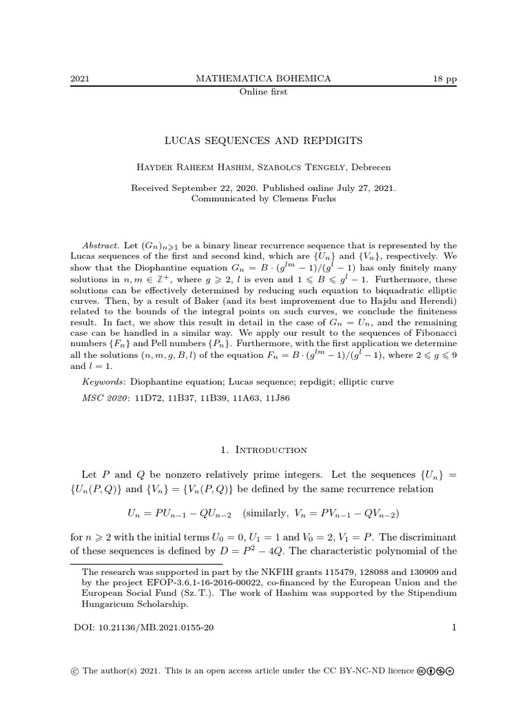 Rep Digits and Lucas Sequences | PDF | Algebra | Abstract Algebra