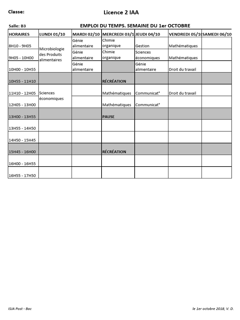 Emploi Du Temps IAA2 Sem 1er Oct | PDF