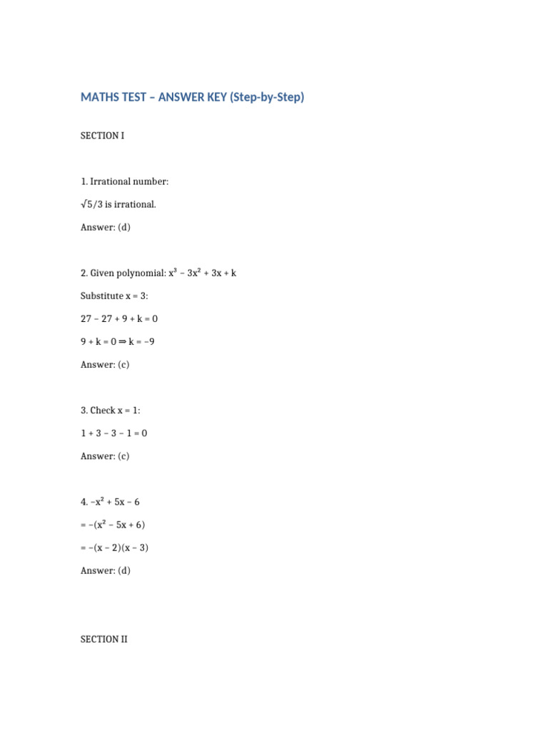 Maths Test Answer Key Step by Step | PDF