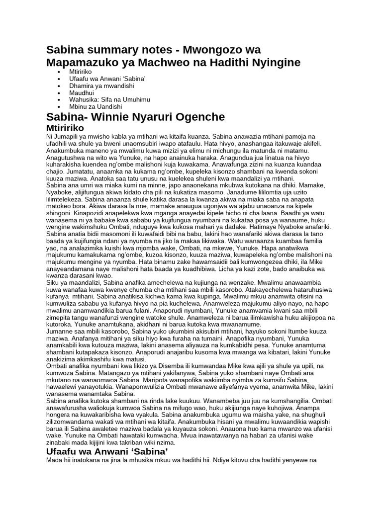 Sabina Summary Notes - Mwongozo Wa Mapamazuko Ya Machweo Na Hadithi ...
