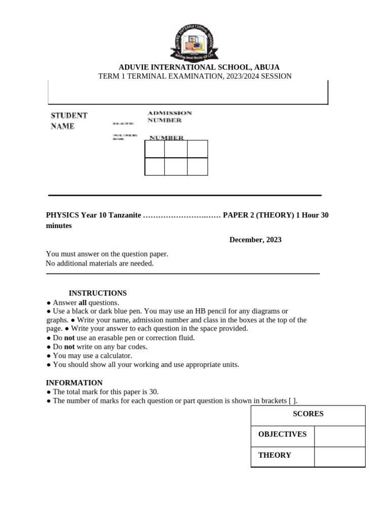 GC Physics Term 1 Examination 2023 | PDF | Volume | Physical Quantities