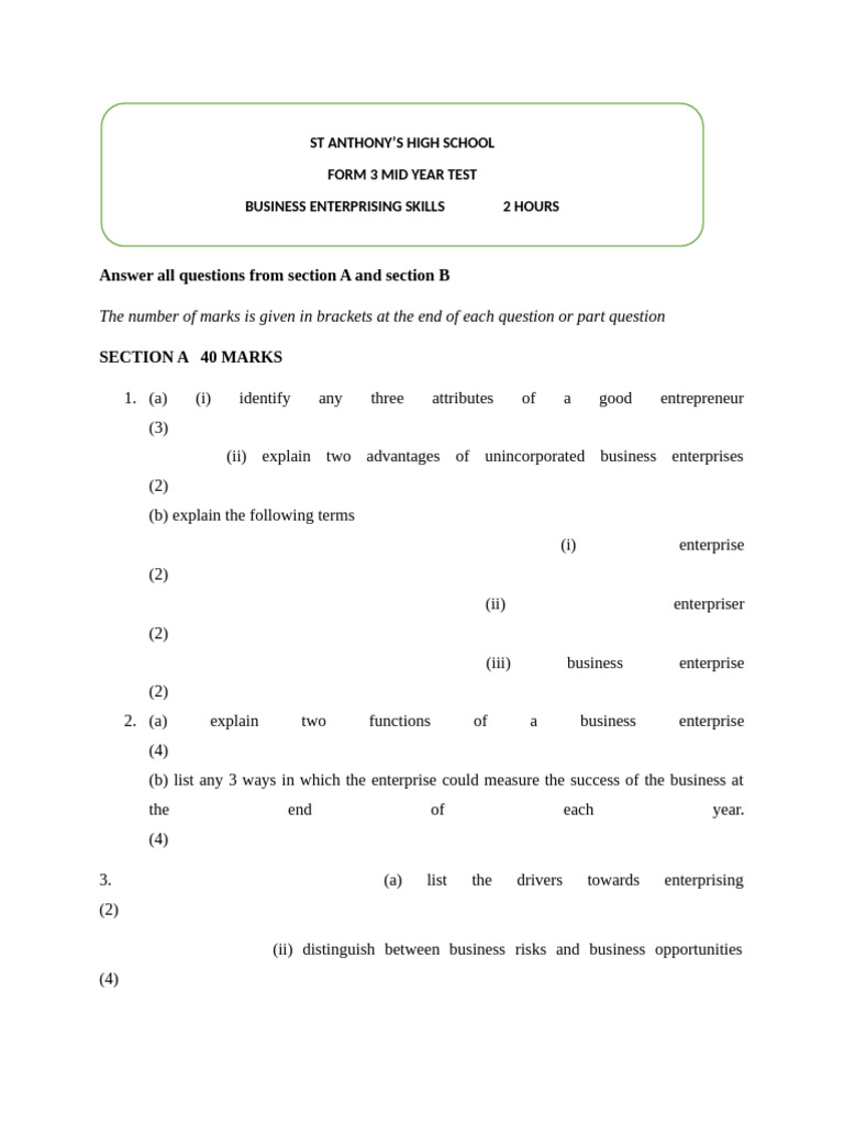 Form 3 Bes Mid Year Test | PDF | Entrepreneurship | Economies