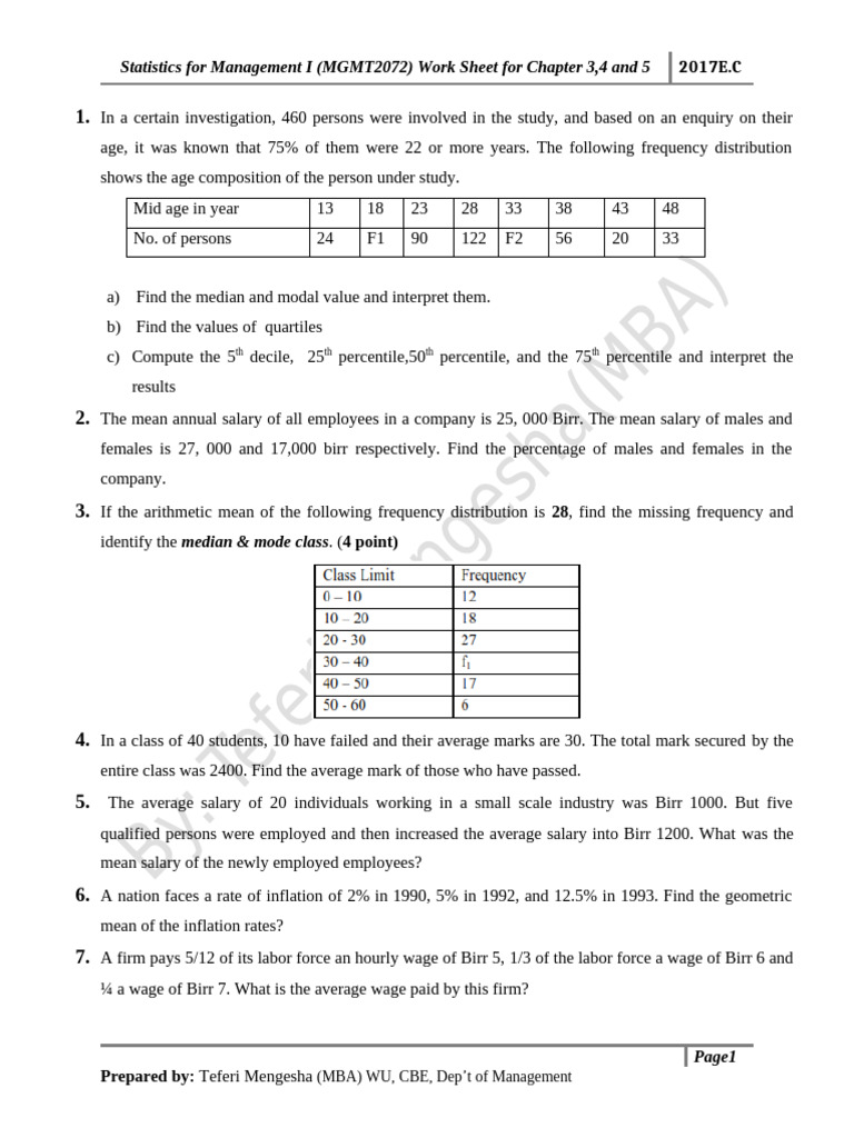 Stat I work sheet for chapter 3,4,&5-2 (3) | PDF | Probability ...