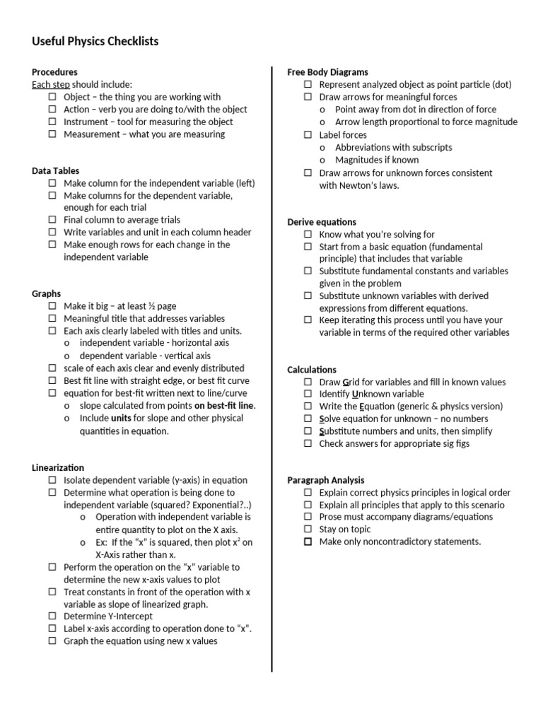 Useful Physics Checklists | PDF | Variable (Mathematics) | Force