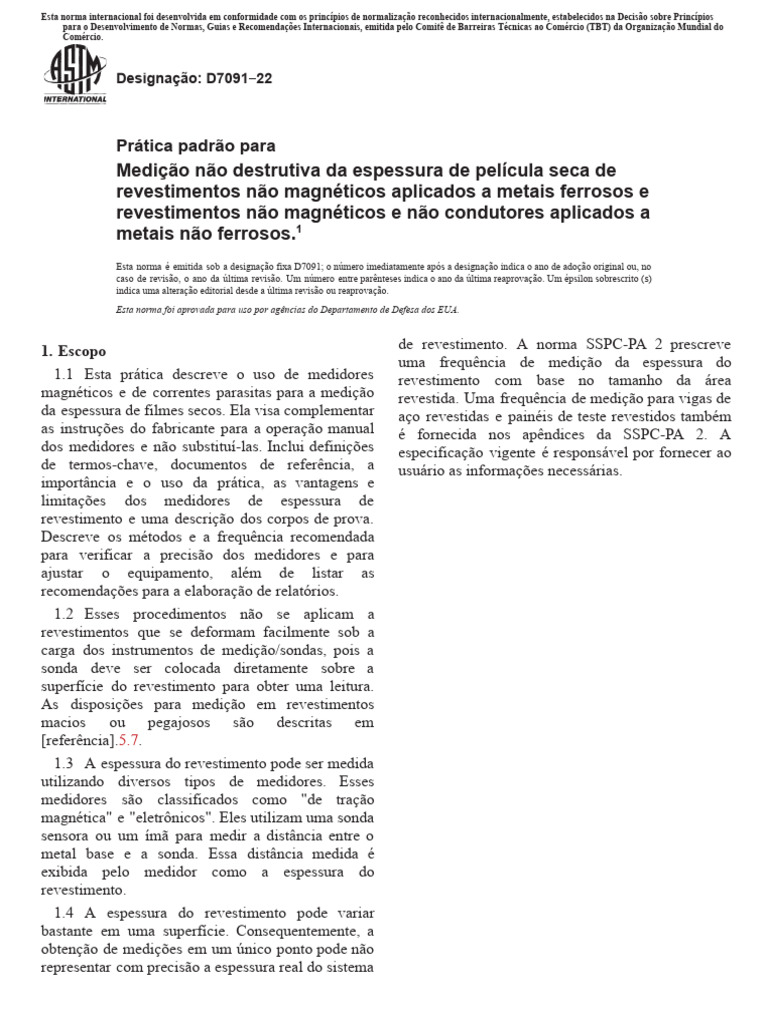 ASTM D 7091 22 PT - Espessura | PDF | Calibração | Magnetismo