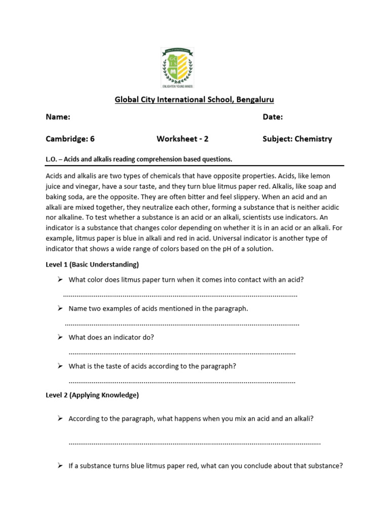 Acids & Alkalis GR 6 TERM 2 WKST 2 0 | PDF | Acid | Chemistry