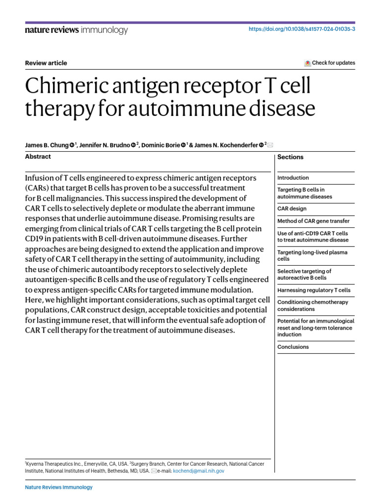 Chimeric Antigen Receptor T Cell Therapy For Autoimmune Disease | PDF ...