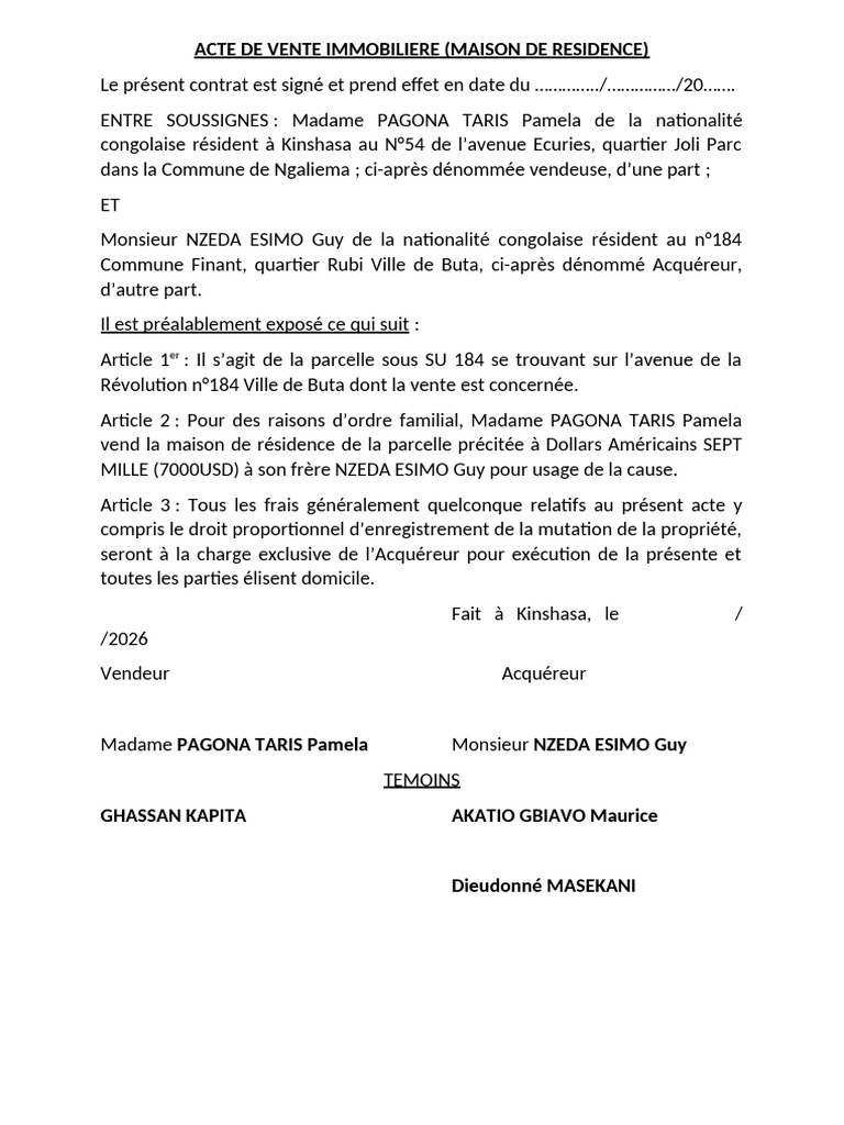 Acte de Vente Immobiliere Pagona Taris Pamela Et Nzeda Esimo Guy | PDF