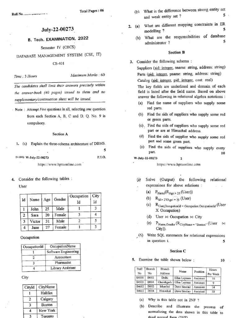 Btech Cs It 4 Sem Database Management System July 22 00273 2022 | PDF
