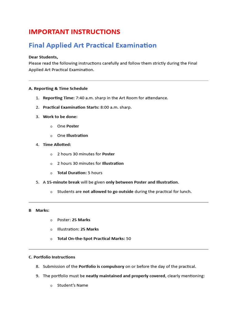 Important Instructions Applied Art Practical | PDF