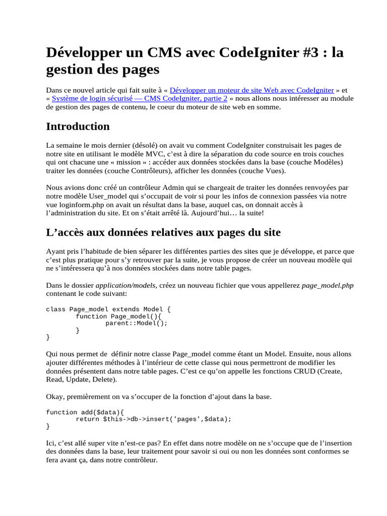 Développer Un CMS Avec CodeIgniter | PDF | Système de gestion de ...