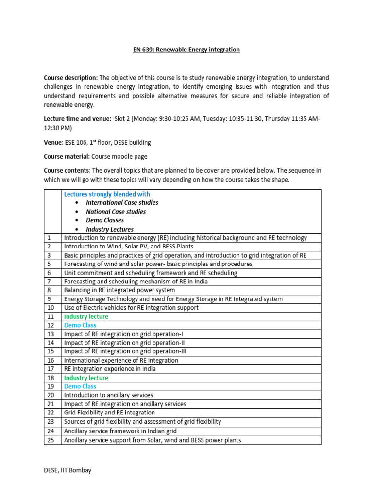 Course PlanEN639 (1) | PDF | Renewable Energy | Electrical Grid
