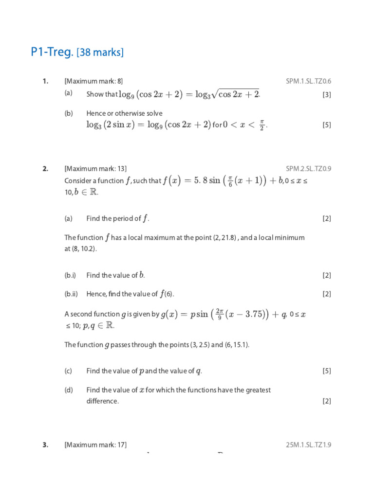 IB Math AA Sl P1-Trig questions. | PDF