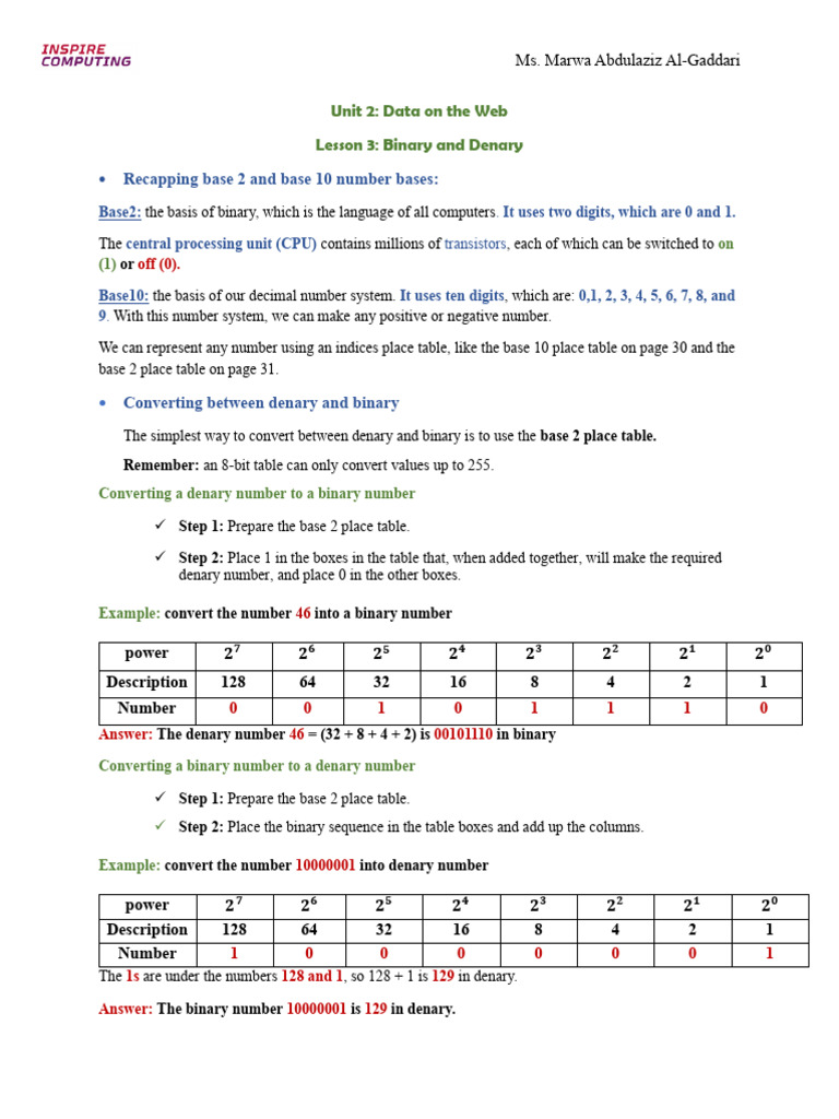Unit2-Lesson3-Binary and Denary (1) | PDF