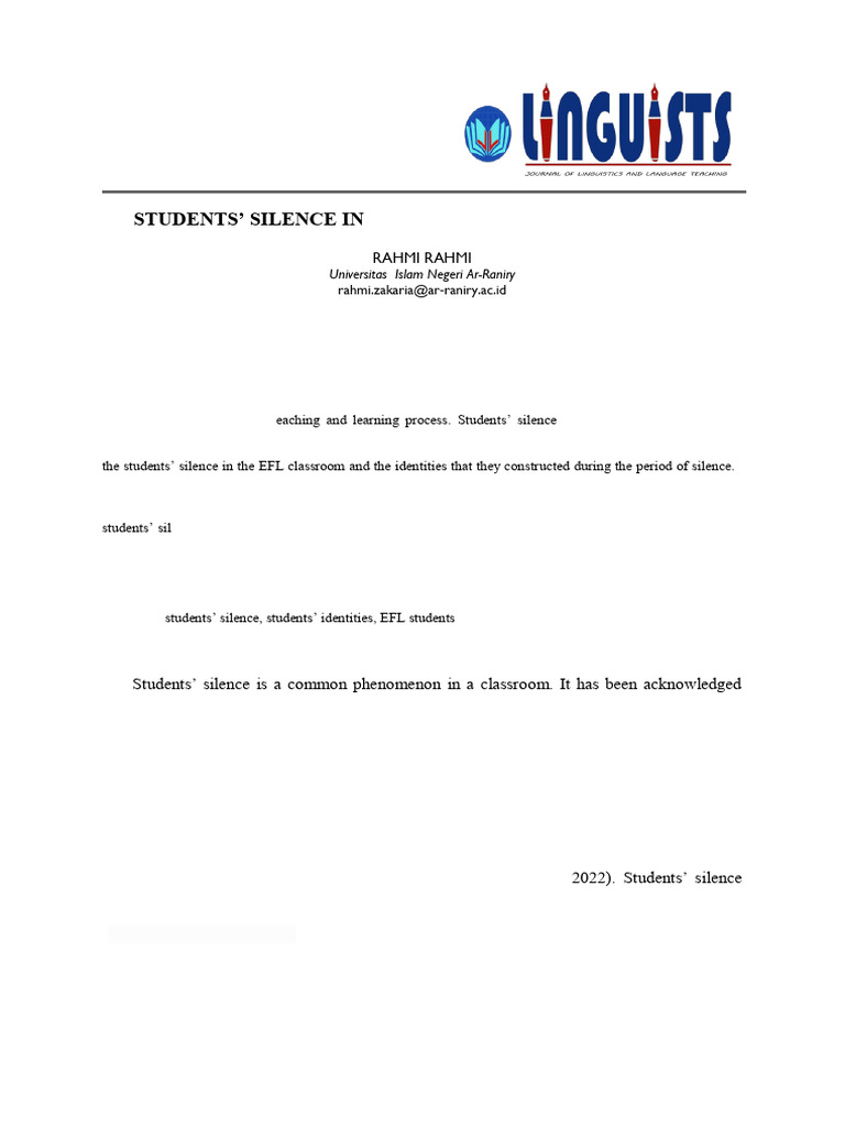 Students Silence in EFL Classroom Contributing Fa | PDF | Second ...