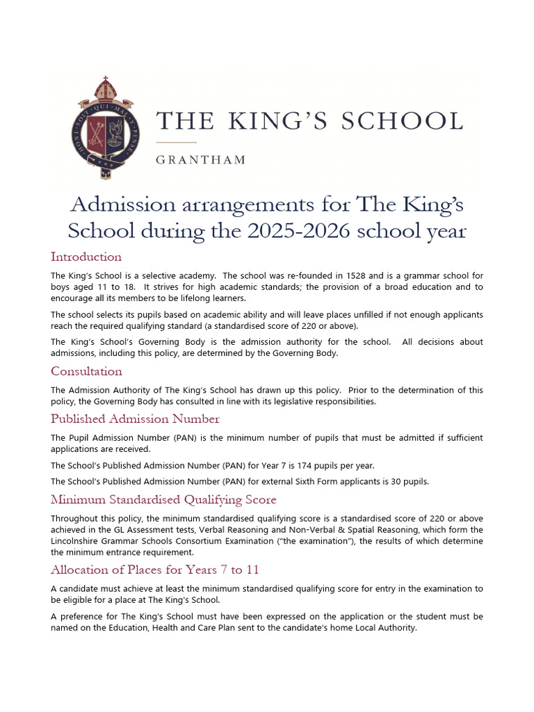 The Kings School Admissions Policy 2025 To 2026.360599084 | PDF ...