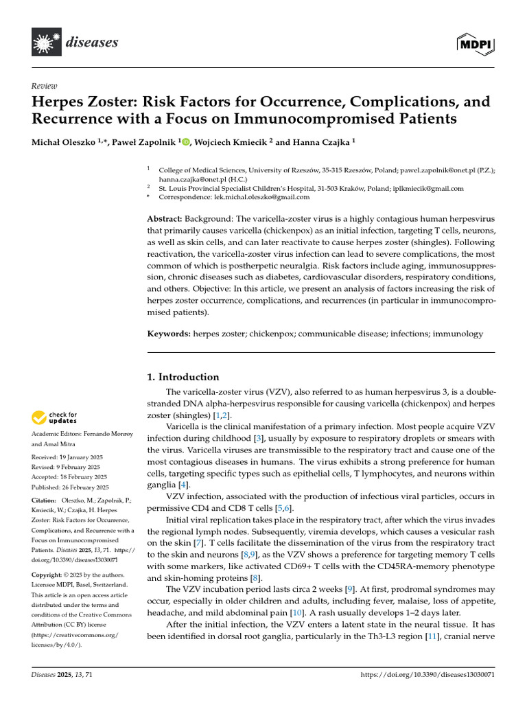 Artigo 1 - Herpes Zoster Risk Factors For Occurrence, Complications ...