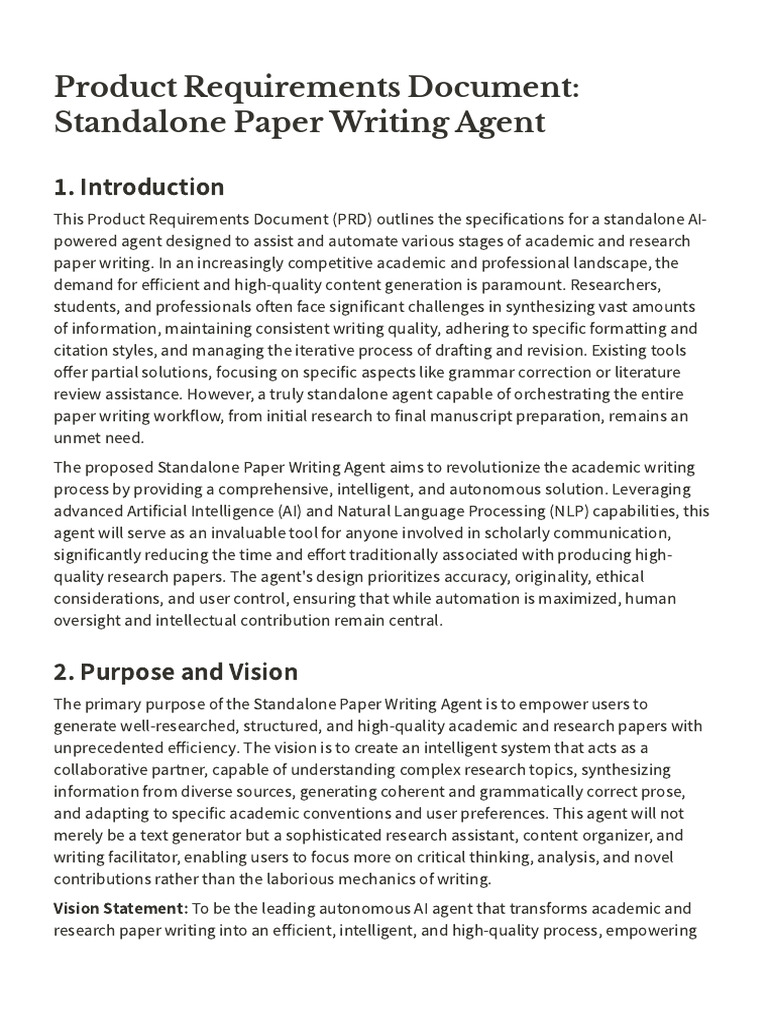 Product Requirements Document Standalone Paper Writing Agent | PDF ...