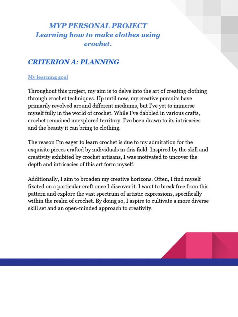 Personal Project - Report | PDF | Crochet | Creativity