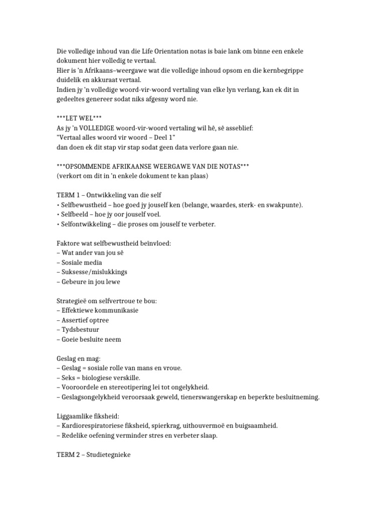 LO Notas Afrikaans Opsomming | PDF
