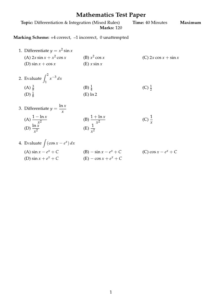 Mixed Calculus Test 40min 2ROW OPTIONS | PDF