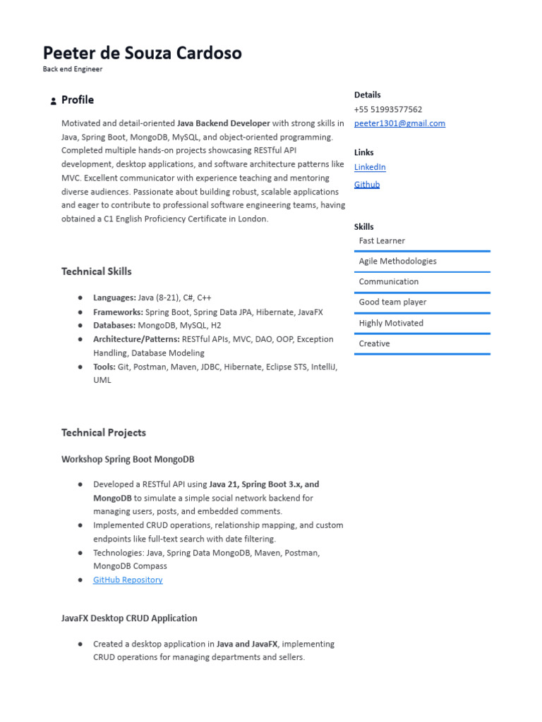 Resume | PDF | Java (Programming Language) | Databases