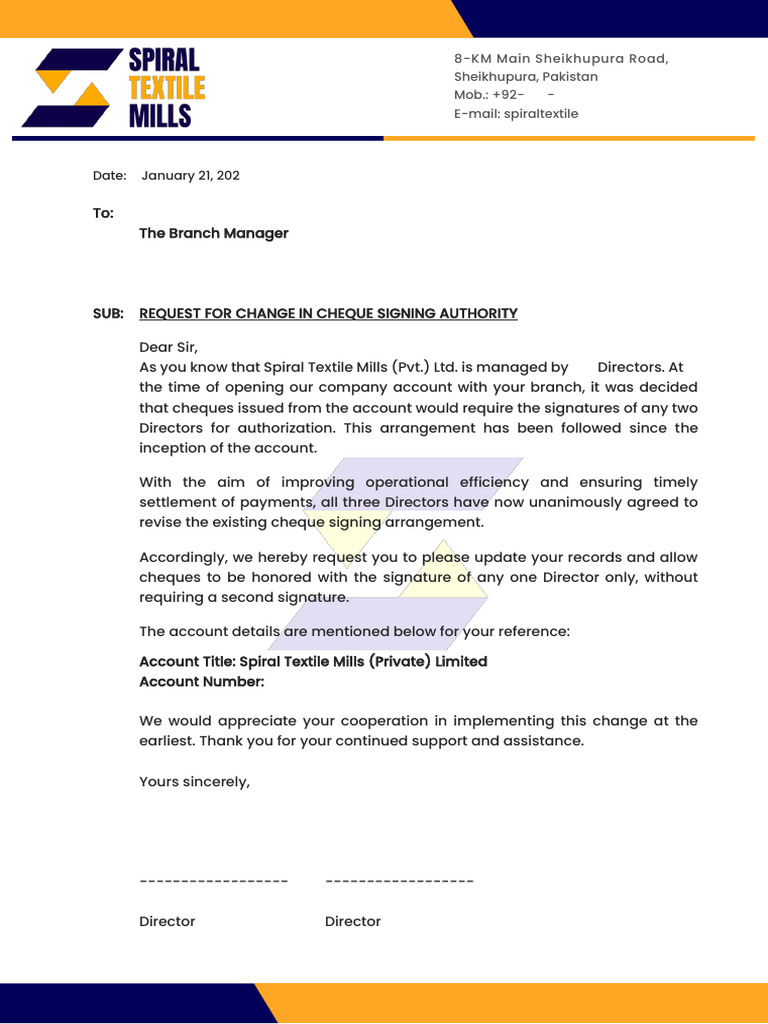 Change in Cheques Signing Authority | PDF