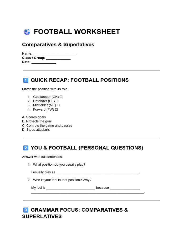 Football Worksheet | PDF | Sports | Association Football