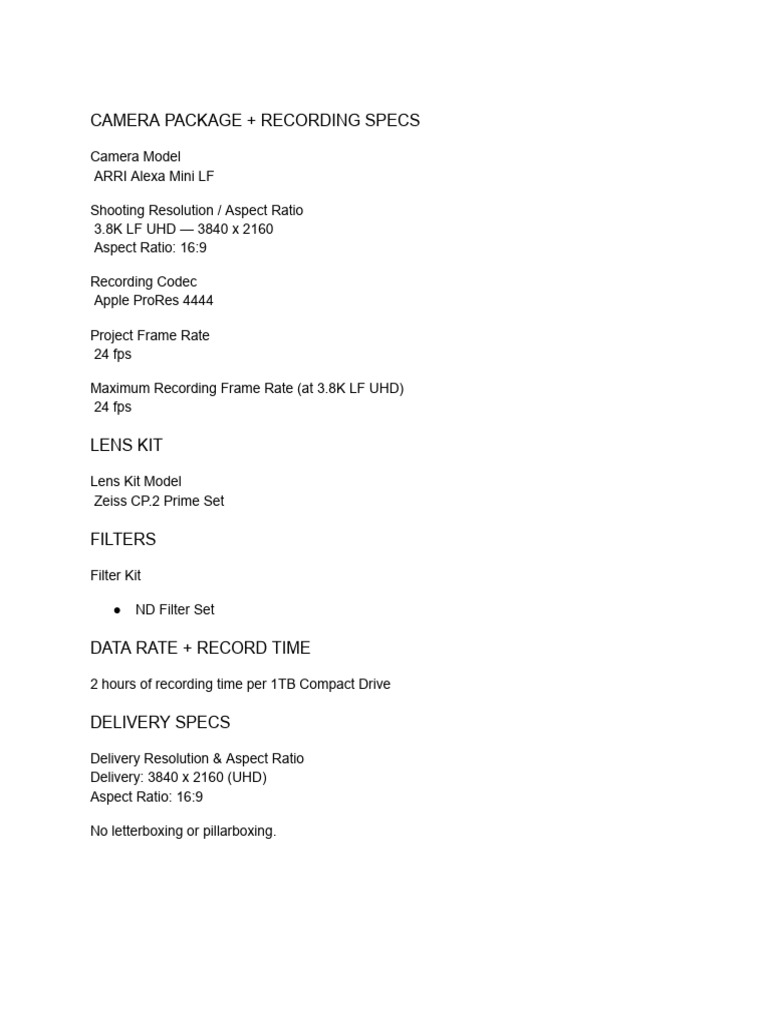 Camera Package + Recording Specs | PDF