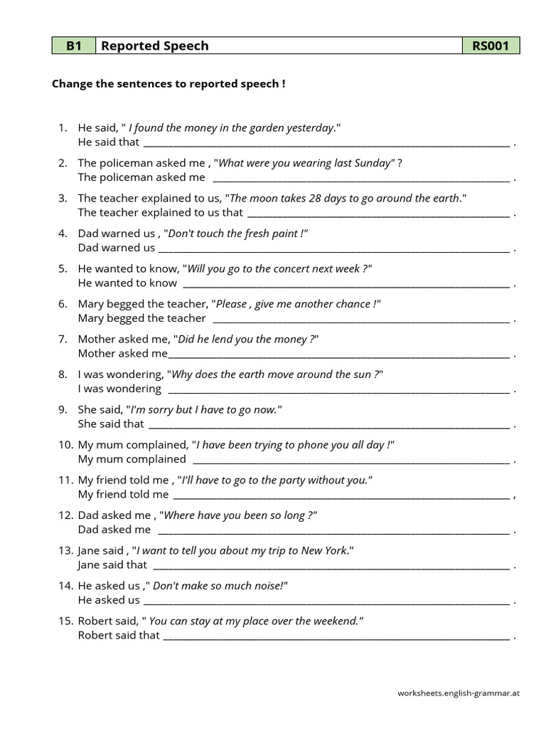 Reported Speech - PDF Worksheets - (B1) | PDF