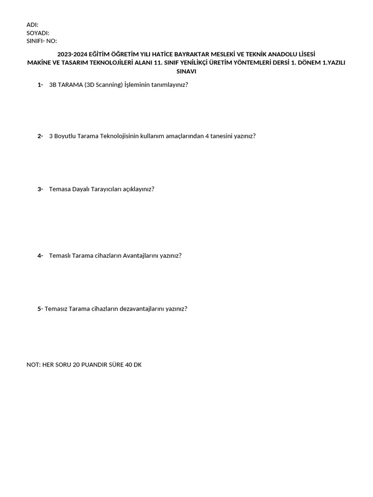 Yenilikçi Uretim 1 Dönem 1 Sınav | PDF