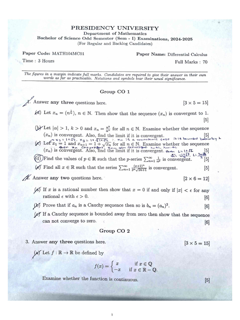 Math104mc01 Endsem 2024 | PDF
