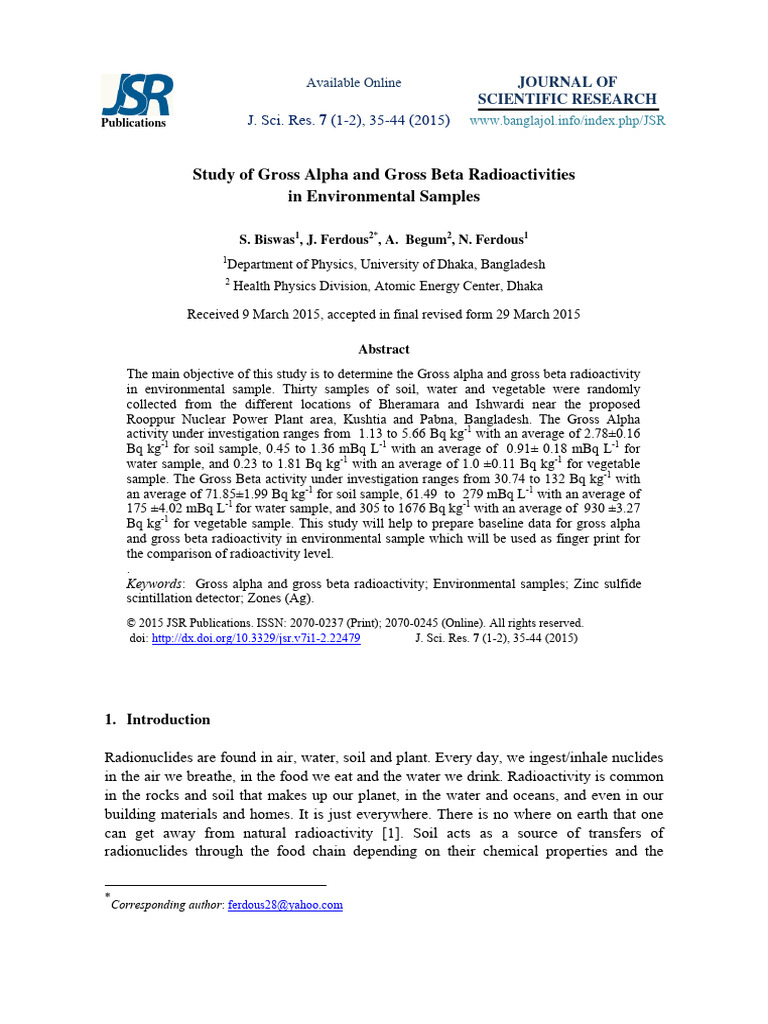 Study of Gross Alpha and Gross Beta Radi | PDF | Radionuclide | Nuclear ...