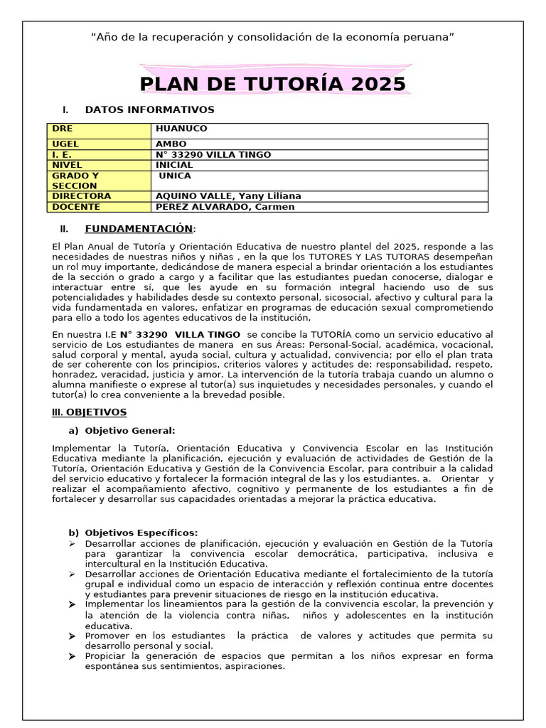 Aula 5 Años Plan de Tutoría 2025 | PDF | Maestros | Aprendizaje