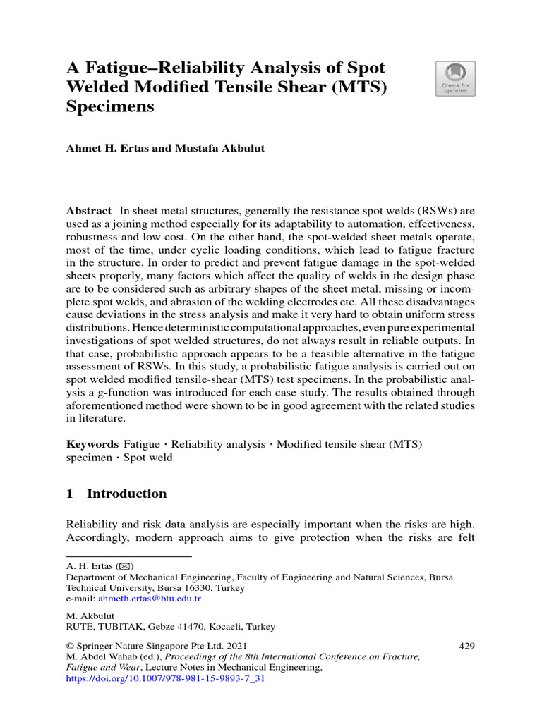 A Fatigue-Reliability Analysis of Spot Welded Modified Tensile Shear ...