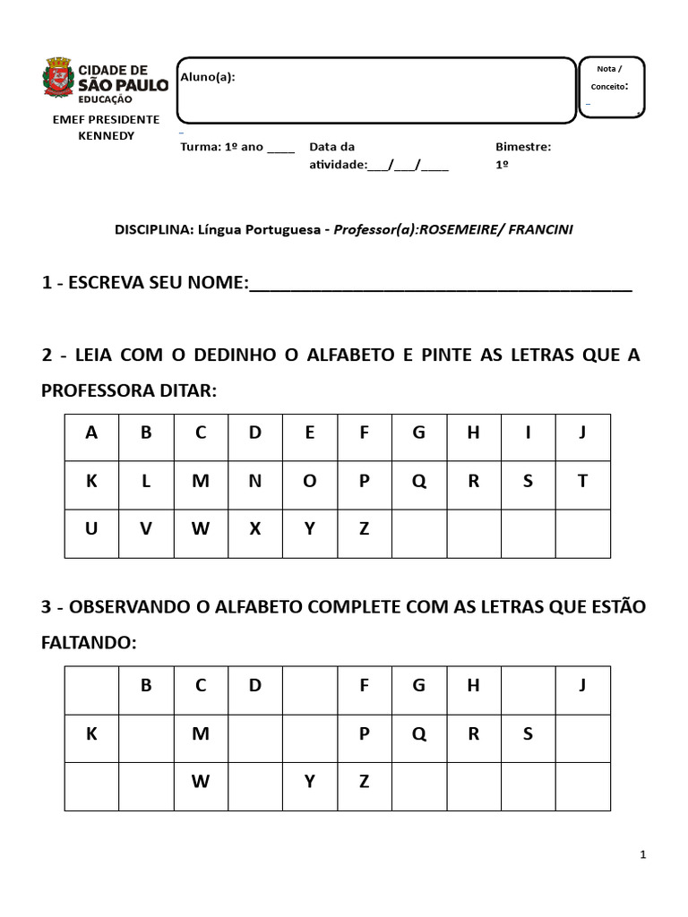 Cópia de Cópia de Avaliação de Português - 1 Bimestre 1º Ano CORRETA ...