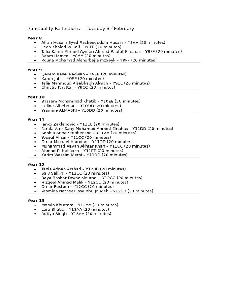 Punctuality Reflections - Tuesday 3 February: Year 8 | PDF