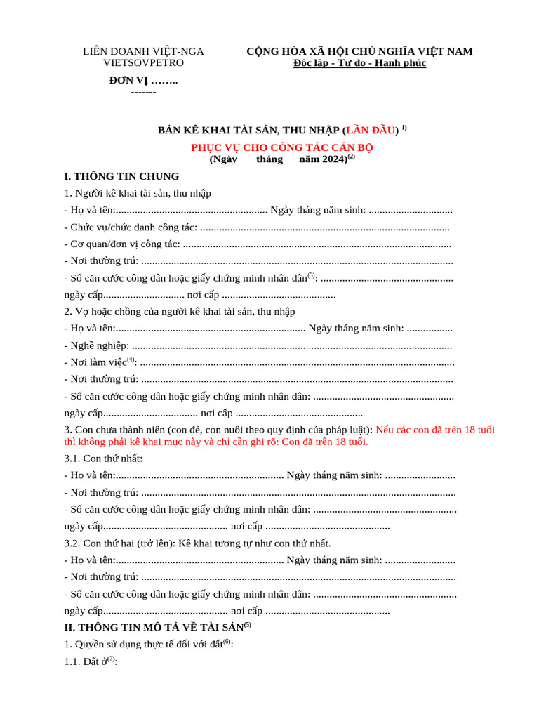 Mẫu Bản Kê Khai Tài Sản, Thu Nhập (Theo NĐ 130)_lan Dau | PDF