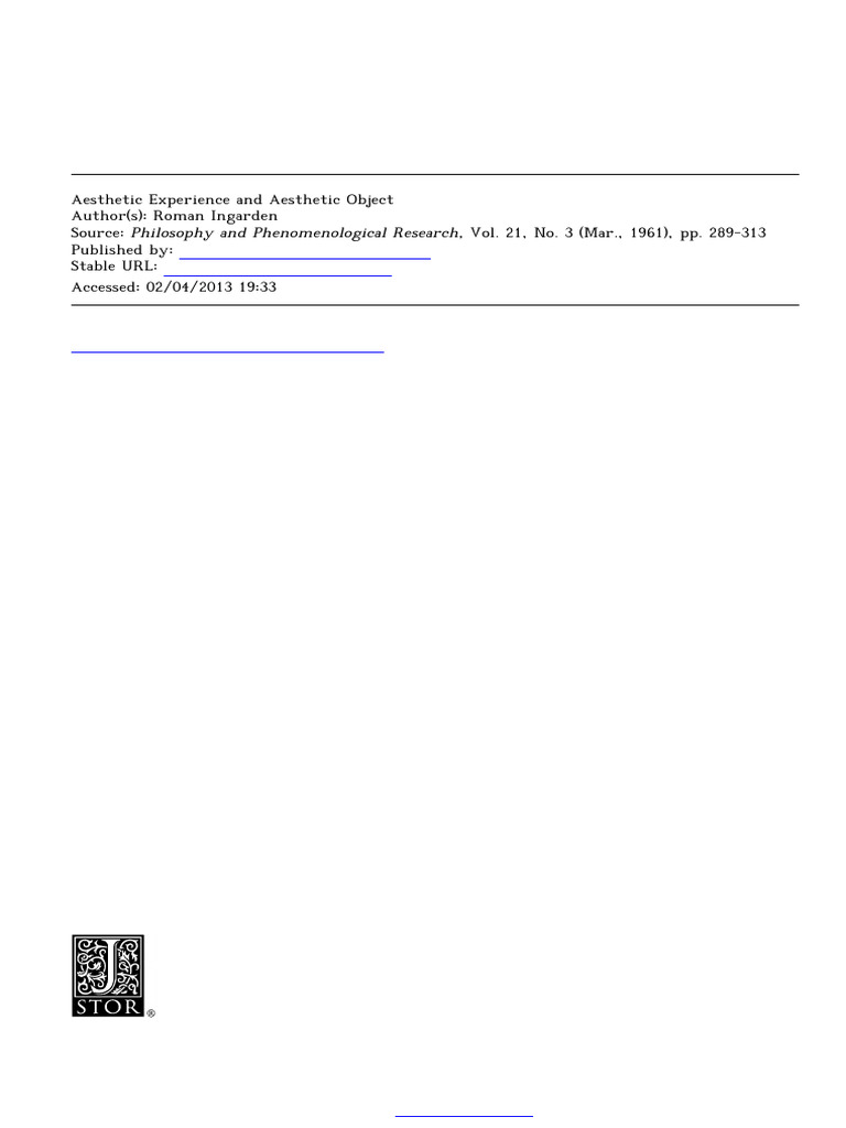 Ingarden, Roman - 'Aesthetic Experience and Aesthetic Object' | PDF ...