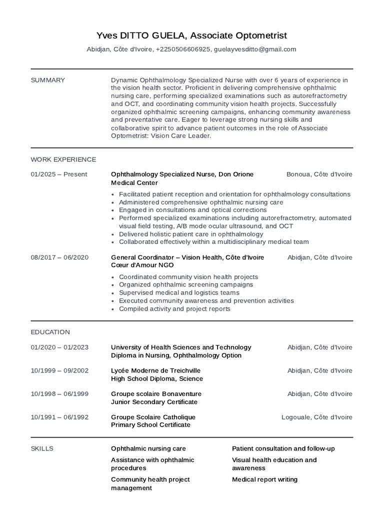 CV - Associate Optometrist - Vision Care Leader | PDF | Ophthalmology ...