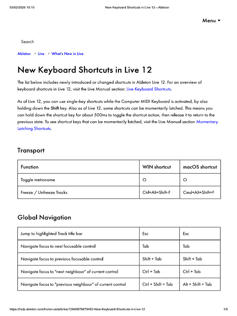 New Keyboard Shortcuts in Live 12 | PDF