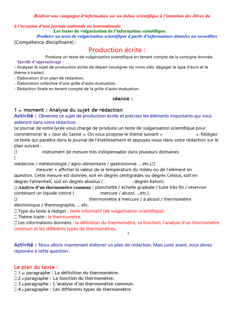 Production Ecrite 1as Seq1 | PDF | Thermomètre | Thermodynamique