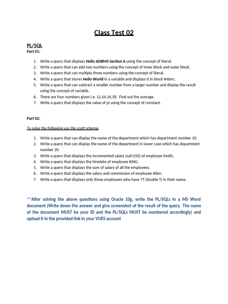 Class Test 02: PL/SQL | PDF