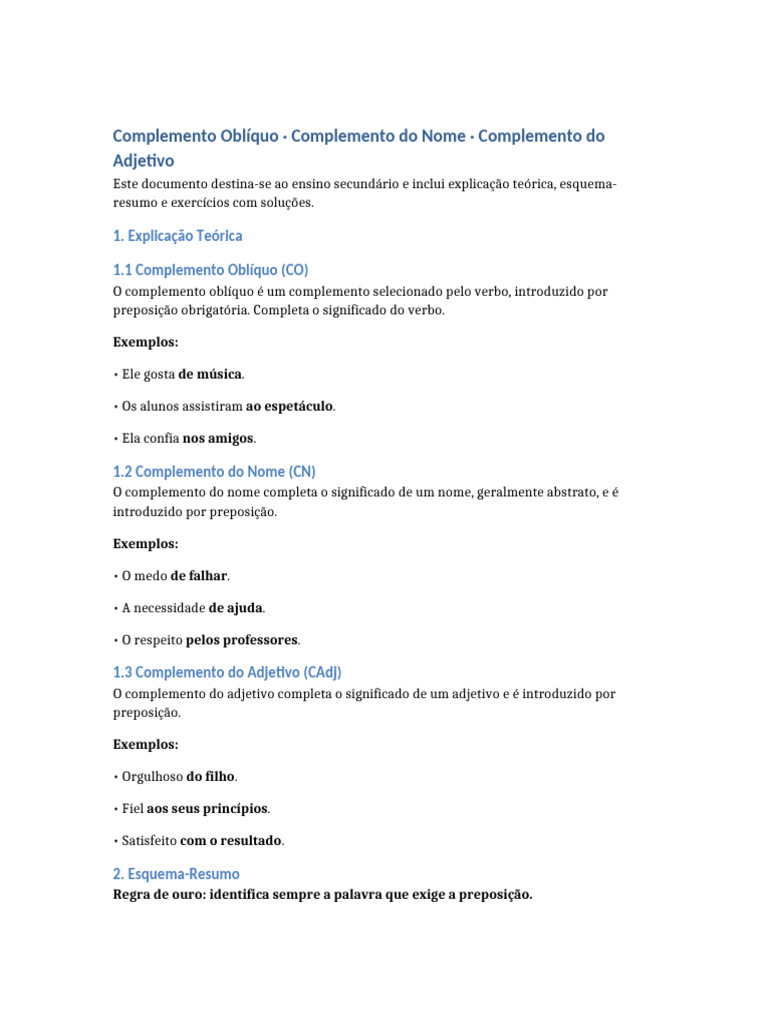 Complementos Secundario Explicacao Exercicios Esquema | PDF