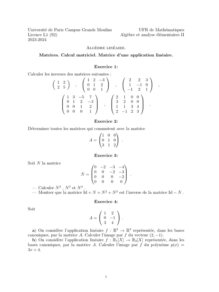 MP2 Matrices | PDF | Base (algèbre linéaire) | Matrice (Mathématiques)